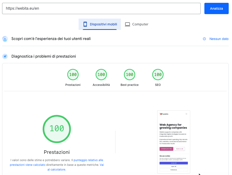 Google PageSpeed con punteggio 100 su 100
